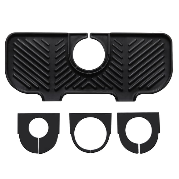 Adjustable Bathroom Sink Faucet Drip Catcher Tray Splash Guard Mat with Drainage Spout and 3 Hole Inserts for Kitchen Counter Organization