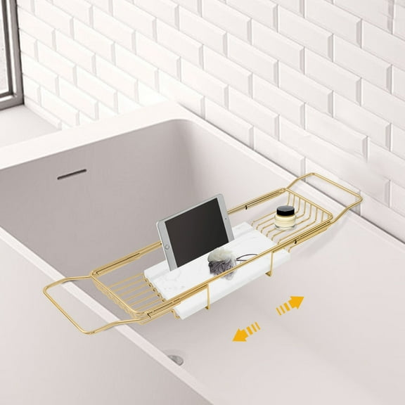 Adjustable Bathtub Caddy Tray, 26.77-35.43in Length, 20kg Capacity, With Removable Marble & Phone Groove, For Bath And Kitchen Sink