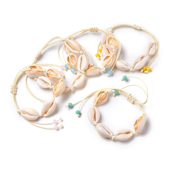 Adjustable Bead Bracelets with Natural Cowrie Shell Beads Rondelle Glass Beads and Waxed Polyester Cord Mixed Color Inner Diameter: 1-3/4 inch~4-1/4 inch(4.4~10.8cm)