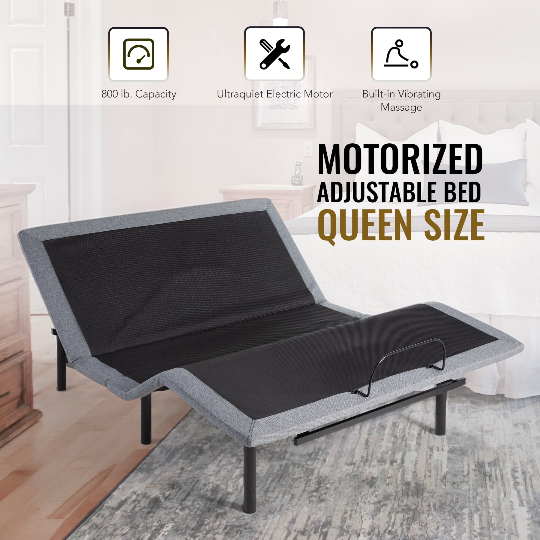 Adjustable Bed Base Frame for Single Queen Size Mattress with Wireless  Remote, Motorized Head & Foot Incline, Vibration Massage