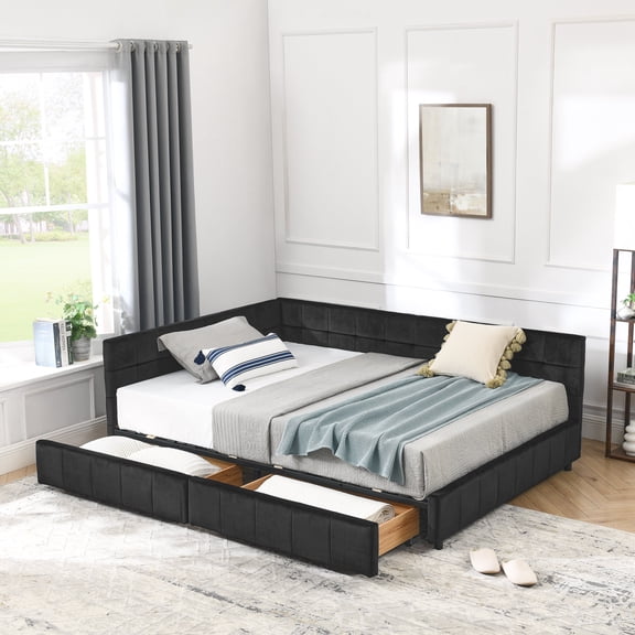 Adjustable Bed Base, Full Size Storage Upholstered Tufted Bed Frame, Sofa Bed Frame with Comfortable Backrest and Armrests, Full Size Bed for Bedroom, Living Room,Velvet, BLACK(80.5''*59''*29.5'')