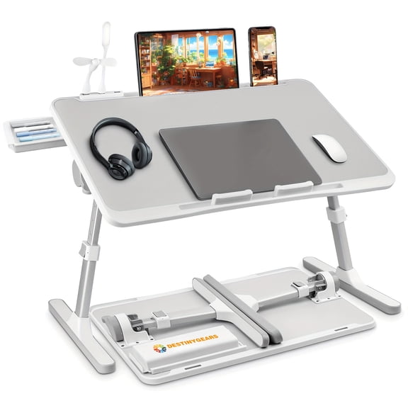 Adjustable Bed Lap Desk with USB, Light, Fan and Storage Drawer