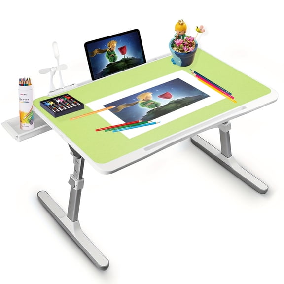 Adjustable Bed Lap Desk with USB, Light, Fan and Storage Drawer