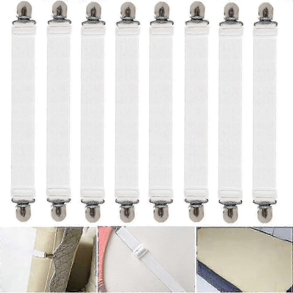 Adjustable Bed Sheet Tensioner, 8 Pieces Elastic Sheet Tensioner, White Sheet