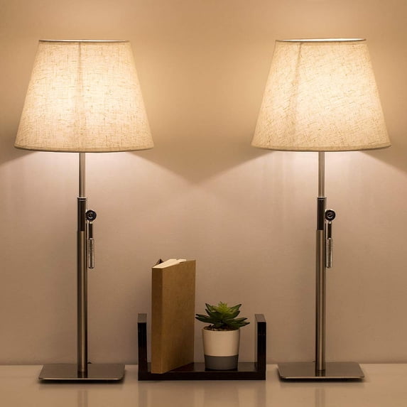 Adjustable Bedside Metal Table Lamp, Fabric Shade with Square Base - Silver