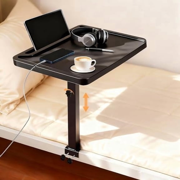 Adjustable Bedside Shelf for Bed, College Dorm Room Essentials, Bamboo Bed Side Tray Table with Sturdy Metal Pole, Clip On Nightstand Organizer for College, Apartment, Bunk Beds