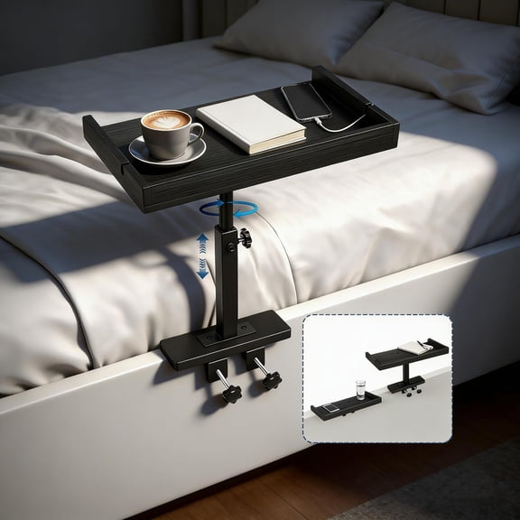 Adjustable Bedside Shelf for Dorm Room Bunk Bed & Top Bunk, Rotatable Bamboo Bedside Tray with Metal Telescopic Rod, College Dorm Room Clip-on Bedside Table, Loft Nightstand Organizer, Black