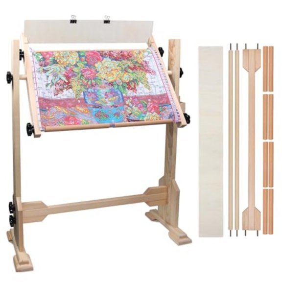 Adjustable Beech Wood Standing Embroidery Frame - Heavy-Duty 2-Size Cross Stitch Hoop Stand (21.5"/44.3") with 360° Rotatable Table, Multi-Angle Needlepoint Stand for Large/Small,