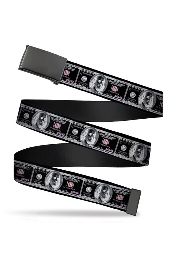 Adjustable Belt, Clamp Buckle, Cut-to-Fit, 100 Dollar Bill X Ray Black White