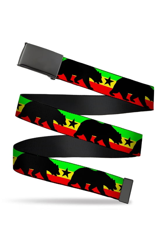 Adjustable Belt, Clamp Buckle, Cut-to-Fit, Cali Bear Star Silhouette Rasta Black