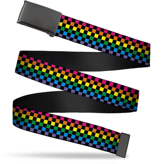 Adjustable Belt, Clamp Buckle, Cut-to-Fit, Checker Black Neon Rainbow