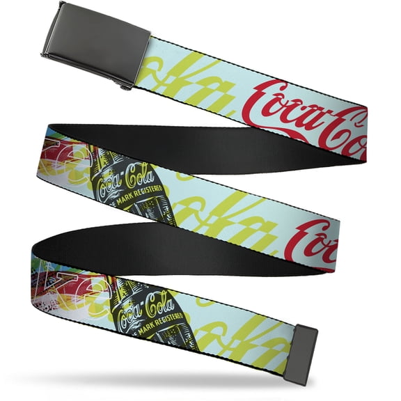 Adjustable Belt, Clamp Buckle, Cut-to-Fit, Coca Cola Coke Logos and Bottle Pop Art Multi Color