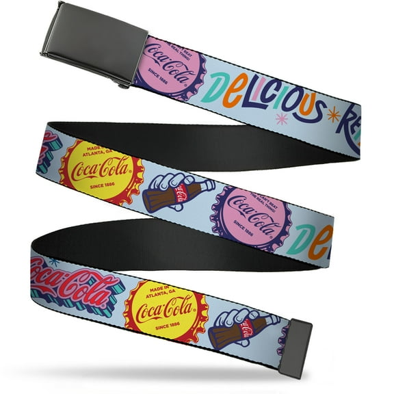 Adjustable Belt, Clamp Buckle, Cut-to-Fit, Coca Cola Delicious Refreshing Enjoy Bottle Caps Multi Color