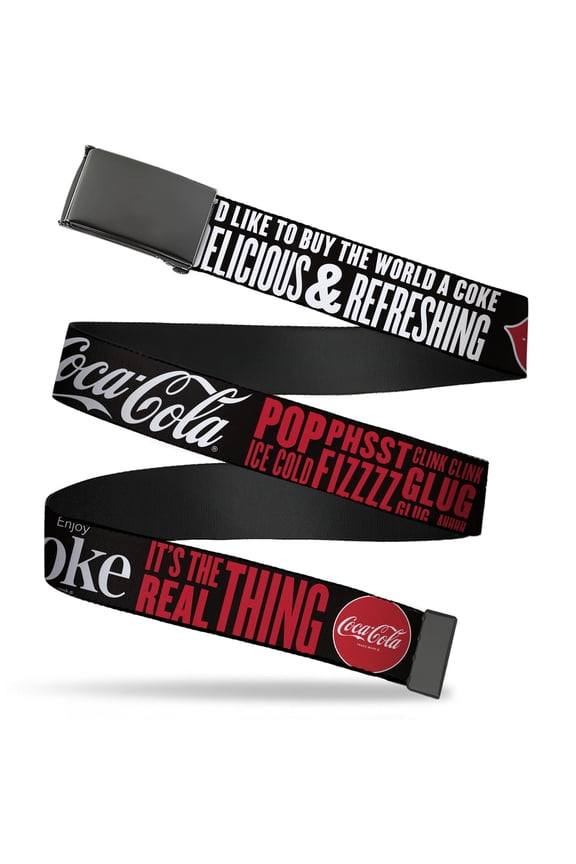 Adjustable Belt, Clamp Buckle, Cut-to-Fit, Coca Cola Enjoy Coke Its the Real Thing Kiss Black White Red