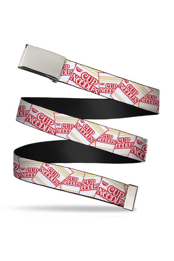Adjustable Belt, Clamp Buckle, Cut-to-Fit, Cup Noodles Cups Stacked Collage White Gold Red