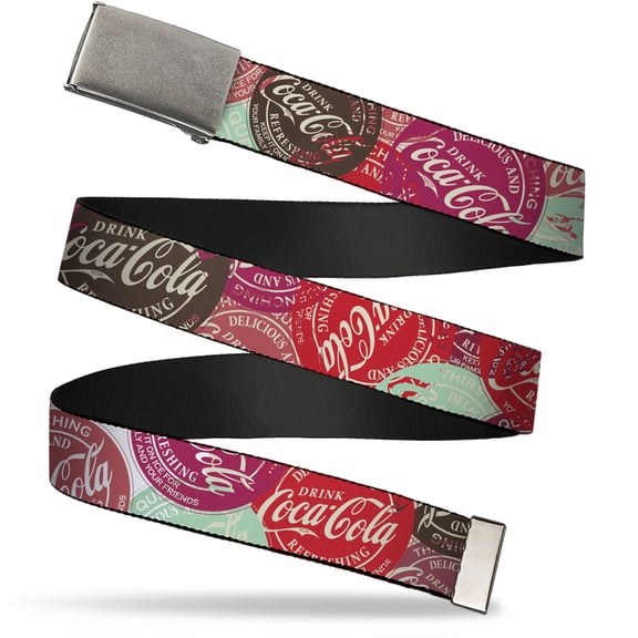 Adjustable Belt, Clamp Buckle, Cut-to-Fit, Drink Coca Cola Coke Patches Stacked Multi Color