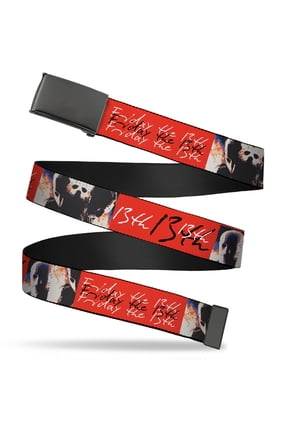 Adjustable Belt, Clamp Buckle, Cut-to-Fit, Friday the 13th Jason Mask and Script Blocks Red Black White