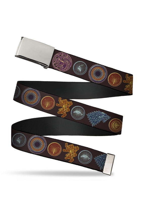 Adjustable Belt, Clamp Buckle, Cut-to-Fit, Game Of Thrones Eight House Sigil Symbols Black Multi Color