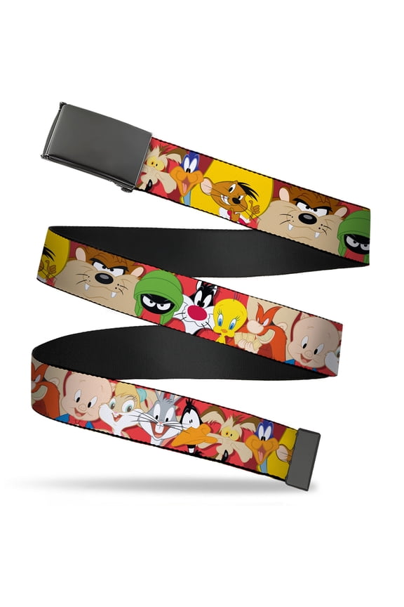 Adjustable Belt, Clamp Buckle, Cut-to-Fit, Looney Tunes Twelve Character Expressions Red