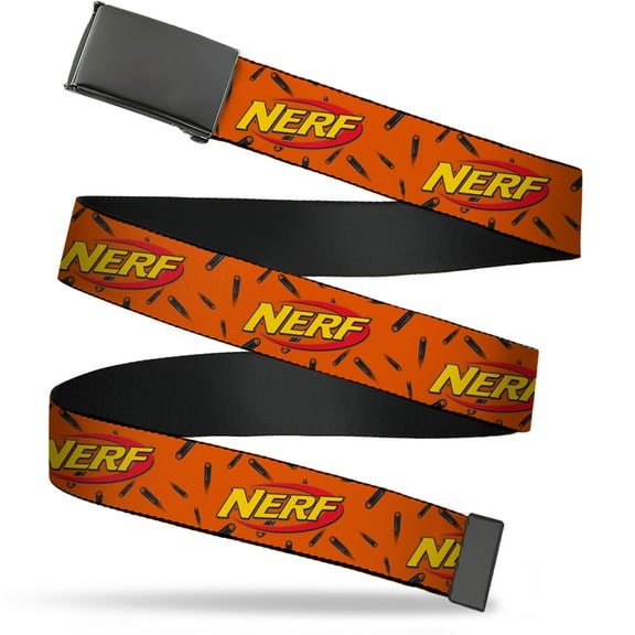 Adjustable Belt, Clamp Buckle, Cut-to-Fit, Nerf Logo Darts Scattered Orange Black