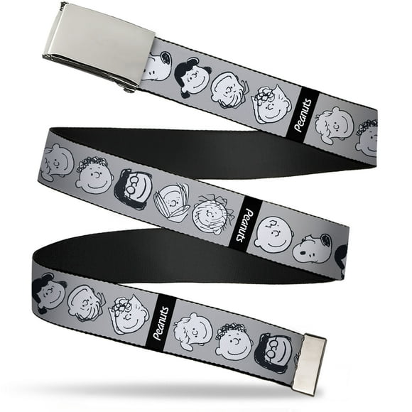 Adjustable Belt, Clamp Buckle, Cut-to-Fit, Peanuts Gang Expressions Gray Black White