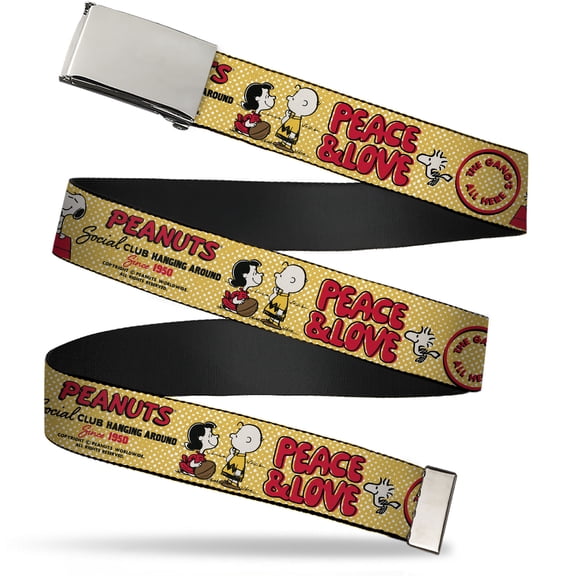 Adjustable Belt, Clamp Buckle, Cut-to-Fit, Peanuts Social Club Peace and Love Scenes Yellow Red