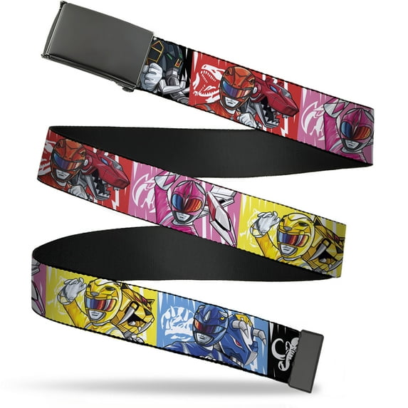 Adjustable Belt, Clamp Buckle, Cut-to-Fit, Power Rangers Pose With Zord and Icon Blocks Multi Color