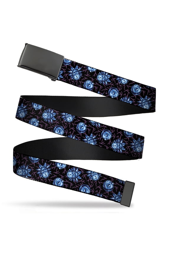 Adjustable Belt, Clamp Buckle, Cut-to-Fit, Rick and Morty Electric Faces Black Blues