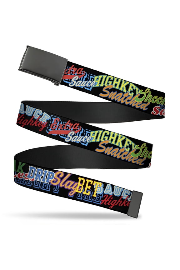Adjustable Belt, Clamp Buckle, Cut-to-Fit, Slang Verbiage Stacked Black Multi Color