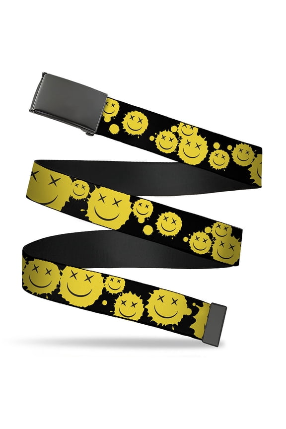 Adjustable Belt, Clamp Buckle, Cut-to-Fit, Smiley Face Splatter Scattered Black Yellow