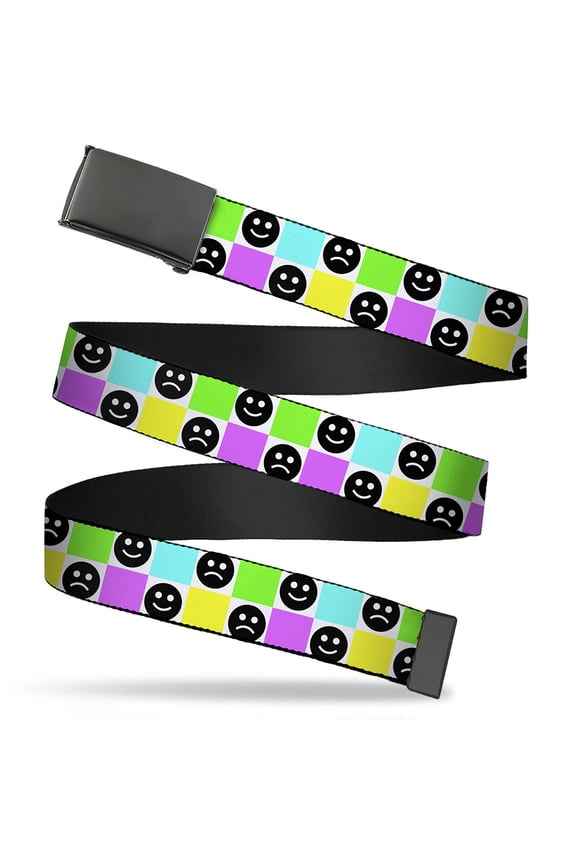 Adjustable Belt, Clamp Buckle, Cut-to-Fit, Smiley Sad Face Checker Multi Color White