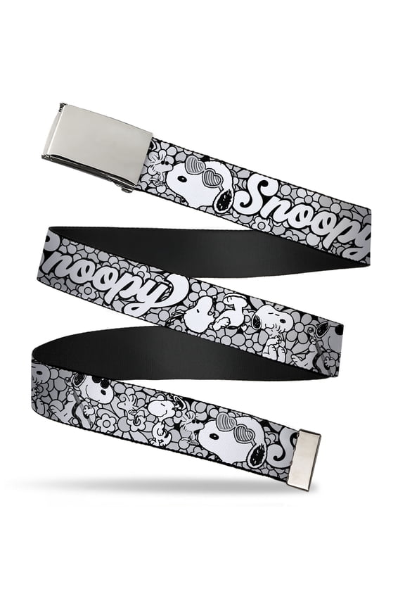 Adjustable Belt, Clamp Buckle, Cut-to-Fit, Snoopy Poses and Daisy Flowers Collage Black Grays White