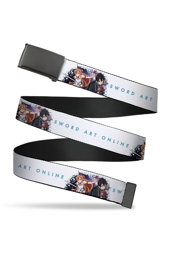 Adjustable Belt, Clamp Buckle, Cut-to-Fit, Sword Art Online Asuna and Kirito Action Pose and Logo White