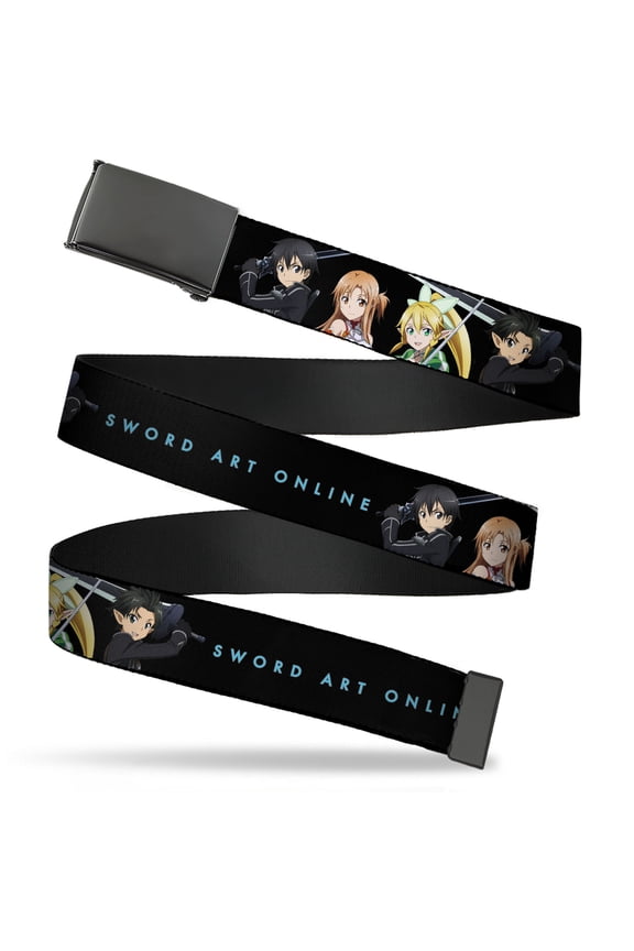 Adjustable Belt, Clamp Buckle, Cut-to-Fit, Sword Art Online Four Character Swords Group and Logo Black