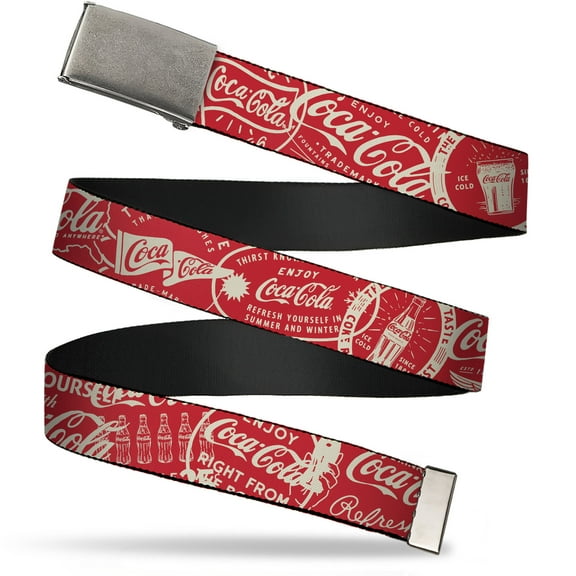 Adjustable Belt, Clamp Buckle, Cut-to-Fit, Vintage Coca Cola Coke Icons and Ad Logos Red White