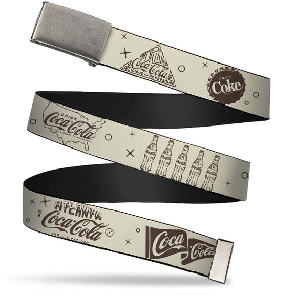 Adjustable Belt, Clamp Buckle, Cut-to-Fit, Vintage Coca Cola Coke Icons and Ad Logos White Brown