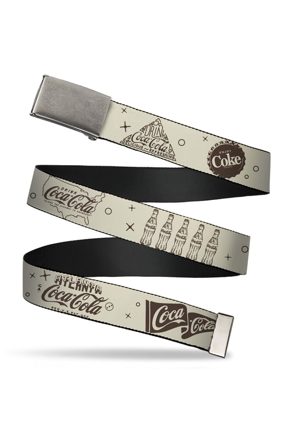 Adjustable Belt, Clamp Buckle, Cut-to-Fit, Vintage Coca Cola Coke Icons and Ad Logos White Brown