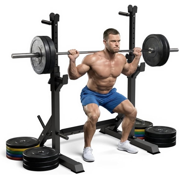 Adjustable Bench Press Rack Stand, 700lbs Heavy Duty Barbell Rack with Dip Station and Push Up Handles, Width Adjustable for 6ft 7ft 8ft Bars - Home Gym Strength Training Infrastructure