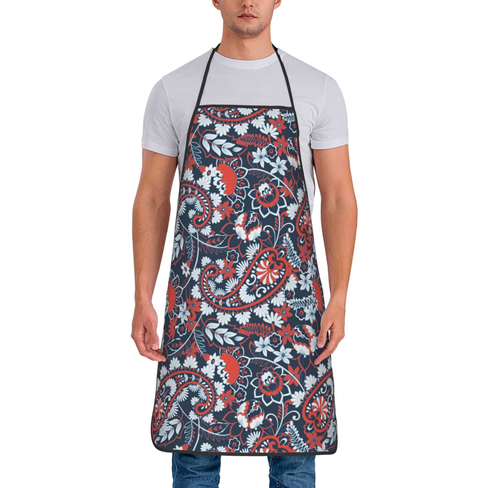 Adjustable Bib Apron Paisley Print red Waterdrop Resistant Cooking