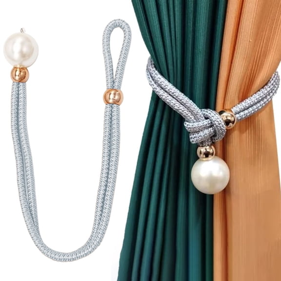 Adjustable Big Pearl Curtain Tiebacks, Cotton Hand Woven Tie Back Decorative Rope, Holdbacks for Curtains Draperies Curtain Ties for Home Bedroom Office Decorative Curtain (Grey) 21.65x1.57"