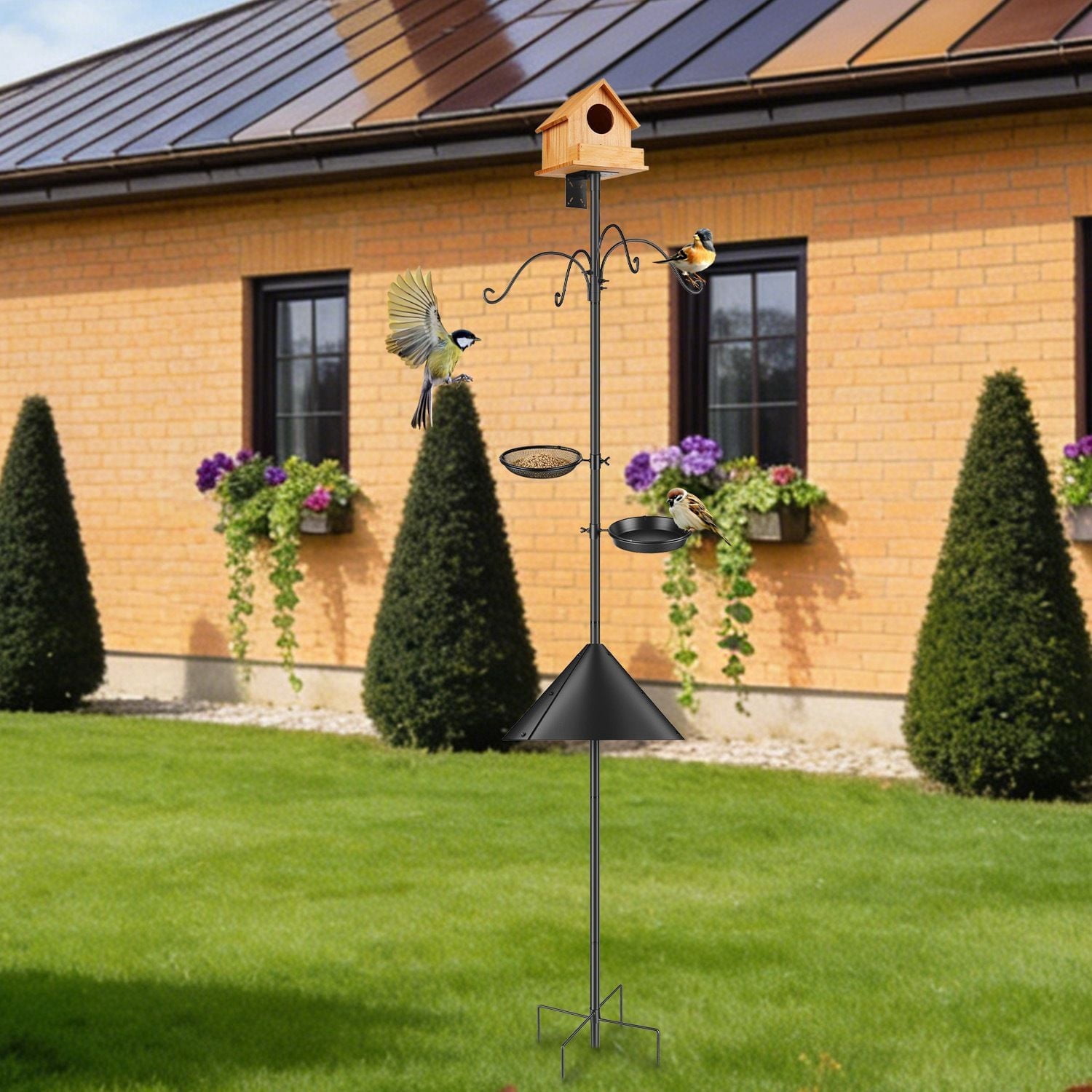 Adjustable Bird Feeder Pole Stand, Heavy-Duty Iron Feeding Station with Squirrel Baffle