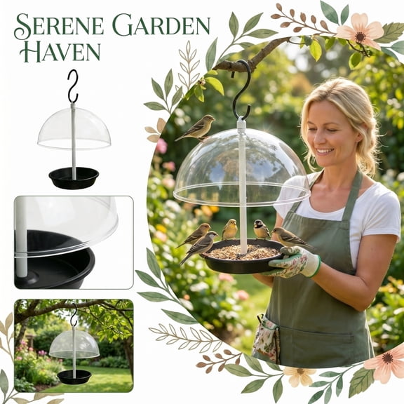 Adjustable Bird Feeder for Outdoors, Squirrel Proof Hanging Metal Tray with Clear Rain Proof Dome, Large Capacity Wild Bird Feeder for Garden