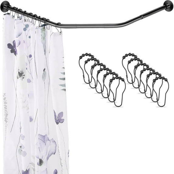 Adjustable Black Corner Shower Curtain Rod with 12 Hooks, 31-41 Inch Diamond Shaped Shower Curtain Rod, Curved Rustproof 304 Stainless Steel Shower Rod for Bathroom Bathtub Drill and No Drill