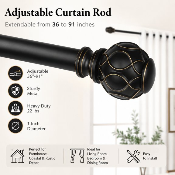Adjustable Black Curtain Rods 36-60 Inch, 1 Inch Vintage Boho Decorative Heavy Duty Rustic Window Treatment Rods for Farmhouse and Coastal Style Windows