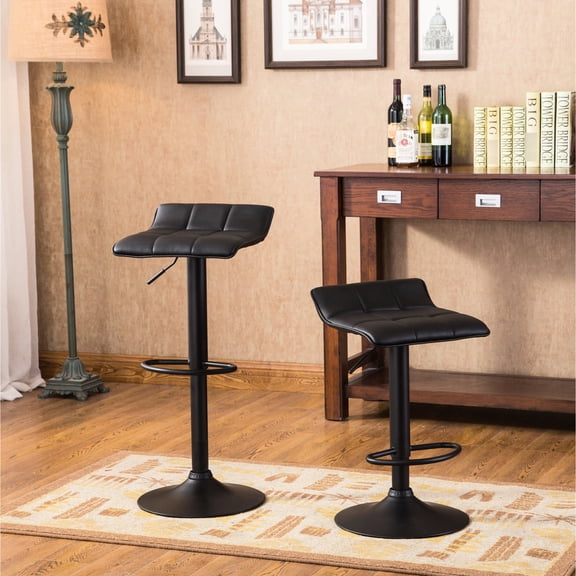 Adjustable Black Faux Leather Stool with Swivel / For Different Height Needs in Rooms, Set of 2