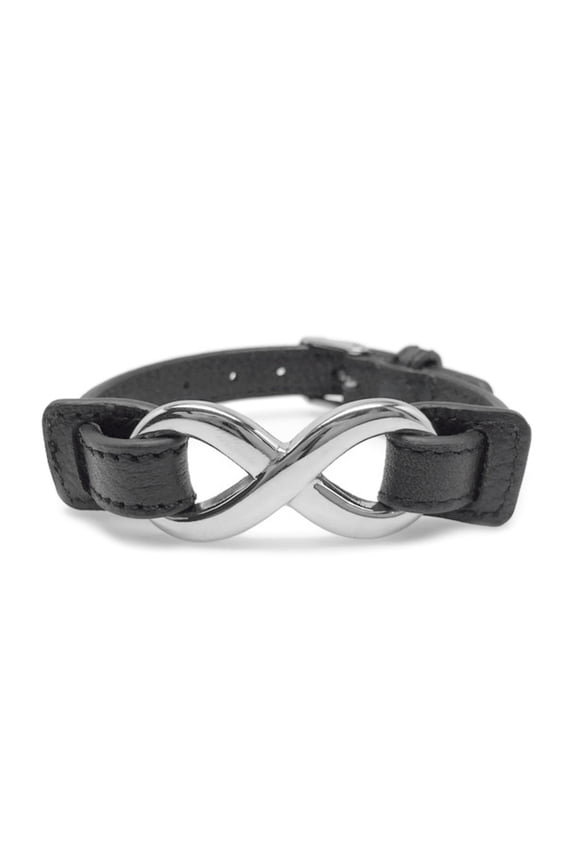 Adjustable Black Leather Infinity Bracelet Stainless Steel Clasp Mens Womens (7.5 Inch)