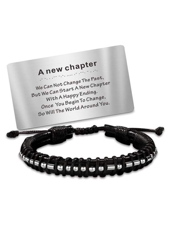 Adjustable Black Mens Leather Bracelet Cuff, I am the Storm Morse Code Bracelet with Wallet Card for Men Dad Son