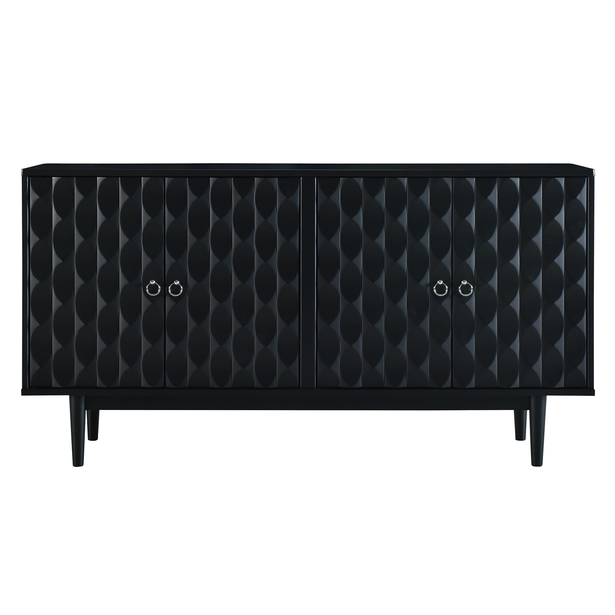 Modern Black MDF Sideboard with Convex Pattern Doors and Rubber Wood Legs