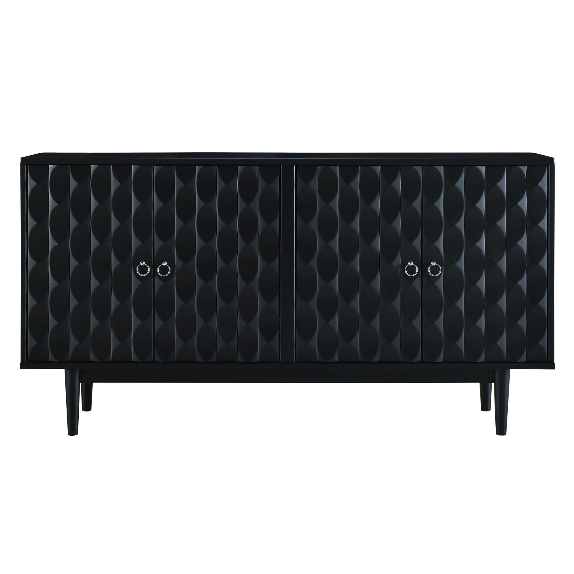 Modern Black MDF Sideboard with Convex Pattern Doors and Rubber Wood Legs