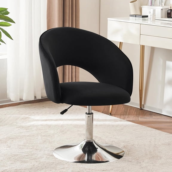 Adjustable Black Vanity Chair with Back, Velvet Makeup Chair Swivel Accent Chair with Chrome Frame Hollow Backrest, Side Chair for Living Room, Makeup Room, Bedroom (Black)